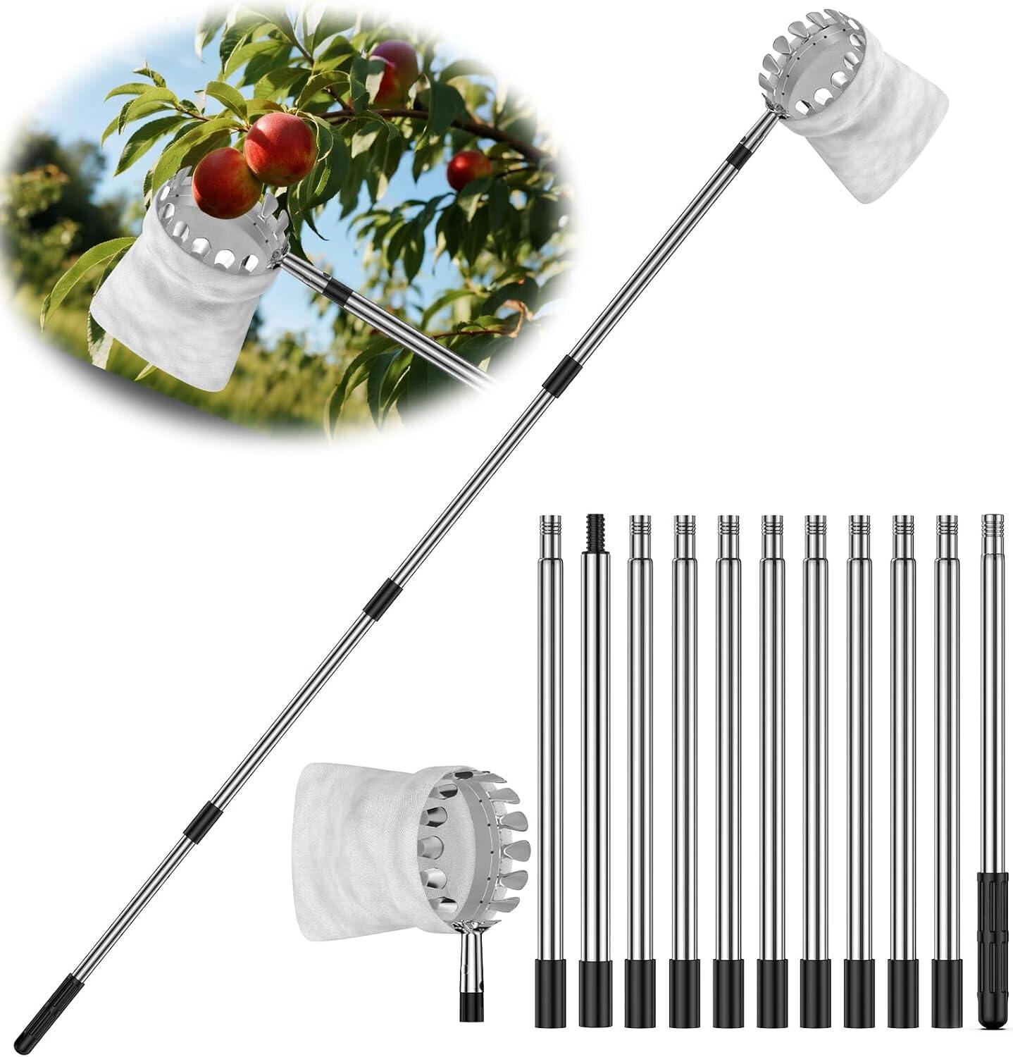 Fruit Picker Tool with Stainless Steel Pole & Soft Basket